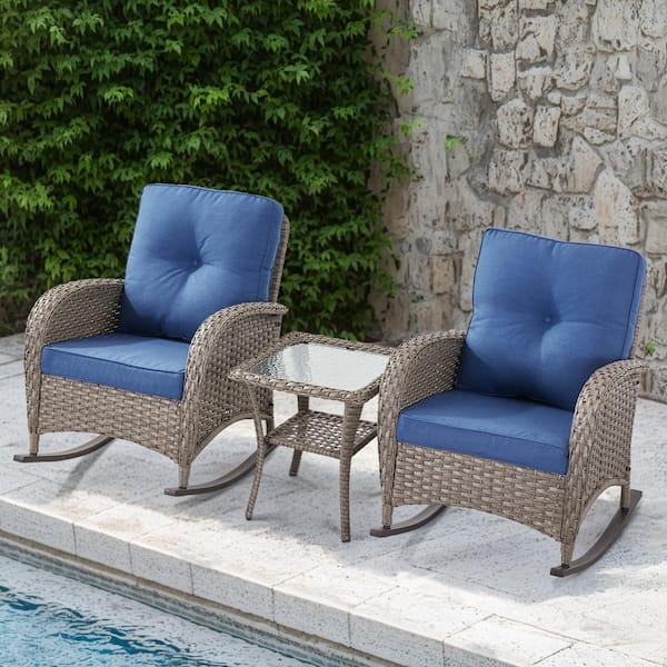 PlainCurve 3-Piece Gray Wicker Outdoor Rocking Chairs Patio Conversation Set with Olefin Blue Cushions