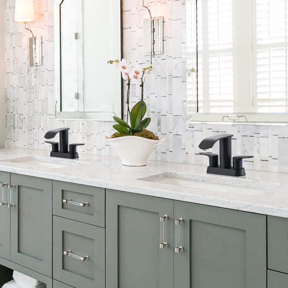 Matte Black Double Handle Waterfall Bathroom Faucet with Pop-up Drain Kit