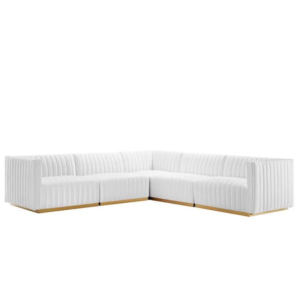 MODWAY Conjure 114 in. Channel Tufted Performance Velvet 5-Piece Sectional in Gold White