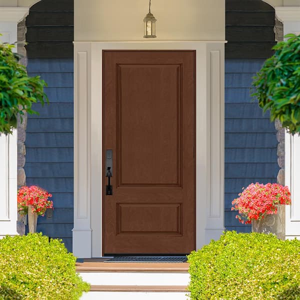 Regency 36 in. x 80 in. 2-Panel 3/4-Squaretop LHOS Chestnut Stained Fiberglass Prehung Front Door