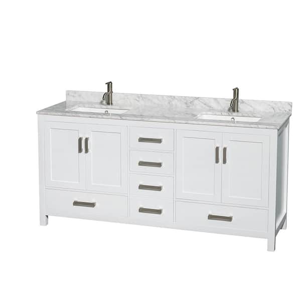 Wyndham Collection Sheffield 72 in. Double Vanity in White with Marble Vanity Top in Carrara White