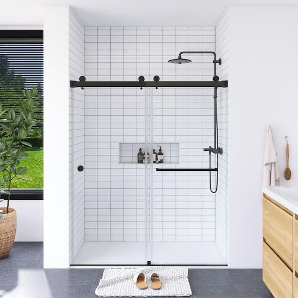 59 in. W x 72 in. H Sliding Frameless Shower Door in Matte Black Finish with Clear Glass