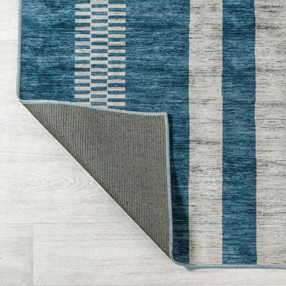 Blue and Cream Striped Machine-Washable Synthetic Area Rug