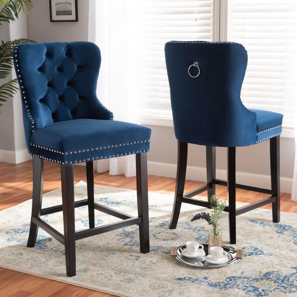 Howell Blue Velvet Upholstered Wood Counter Stools, Set of 2
