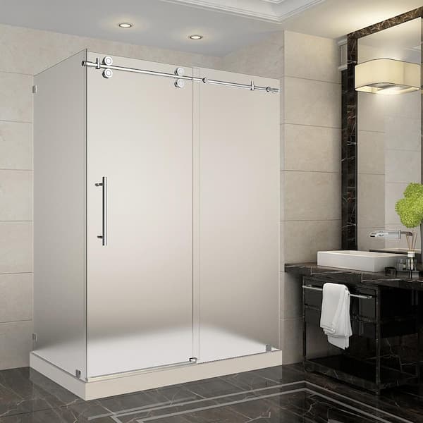 Aston Langham 60 in. x 35 in. x 77.5 in. Frameless Sliding Shower Enclosure and Frosted in Chrome with Right Base