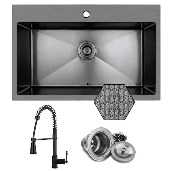 HEX 33 in. Drop-in Single Bowl Gunmetal Black Stainless Steel Kitchen Sink with Faucet