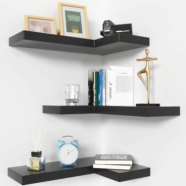 16.6-in W x 6-in D x 1-in H Black Floating Corner Shelves Set of 3 with Invisible Brackets for Wall Mounted Storage
