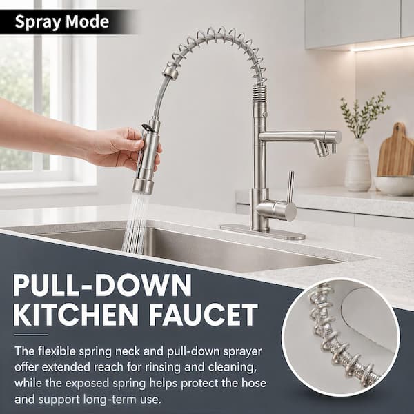 Single Handle Pull Down Sprayer Kitchen Faucet with Spot Resistant in Brushed Nickel