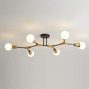 35 in. 6-Light Black and Gold Modern Sputnik Semi-Flush Mount, Mini Chandelier for Bedroom Living Room Hallway
