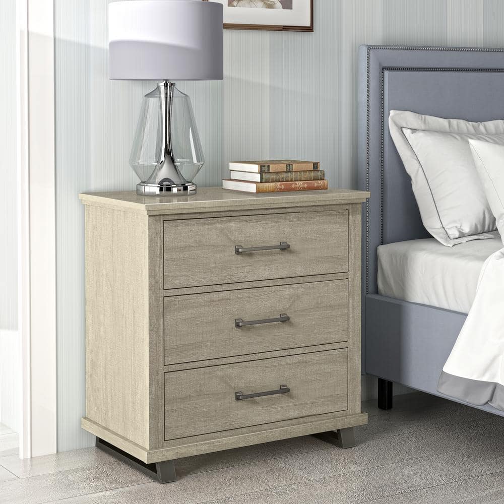 Beige 32'' Modern Nightstand with 3 Drawers and Metal Legs