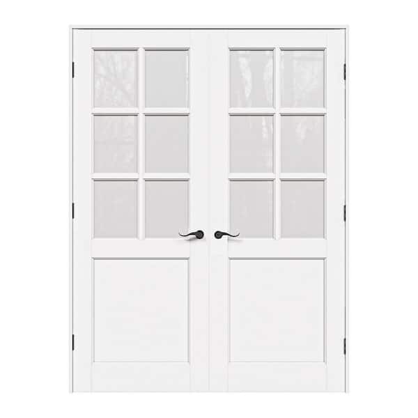 56 in. x 80 in. 6-Lite Frosted Glass Universe White Solid Core Wood Double Prehung French Door with Quick Assemble Jamb