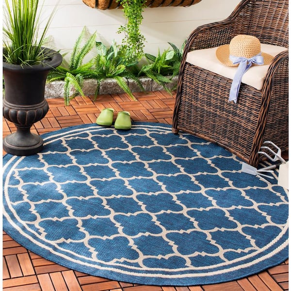 Courtyard Navy/Beige 8 ft. x 8 ft. Round Geometric Indoor/Outdoor Patio  Area Rug
