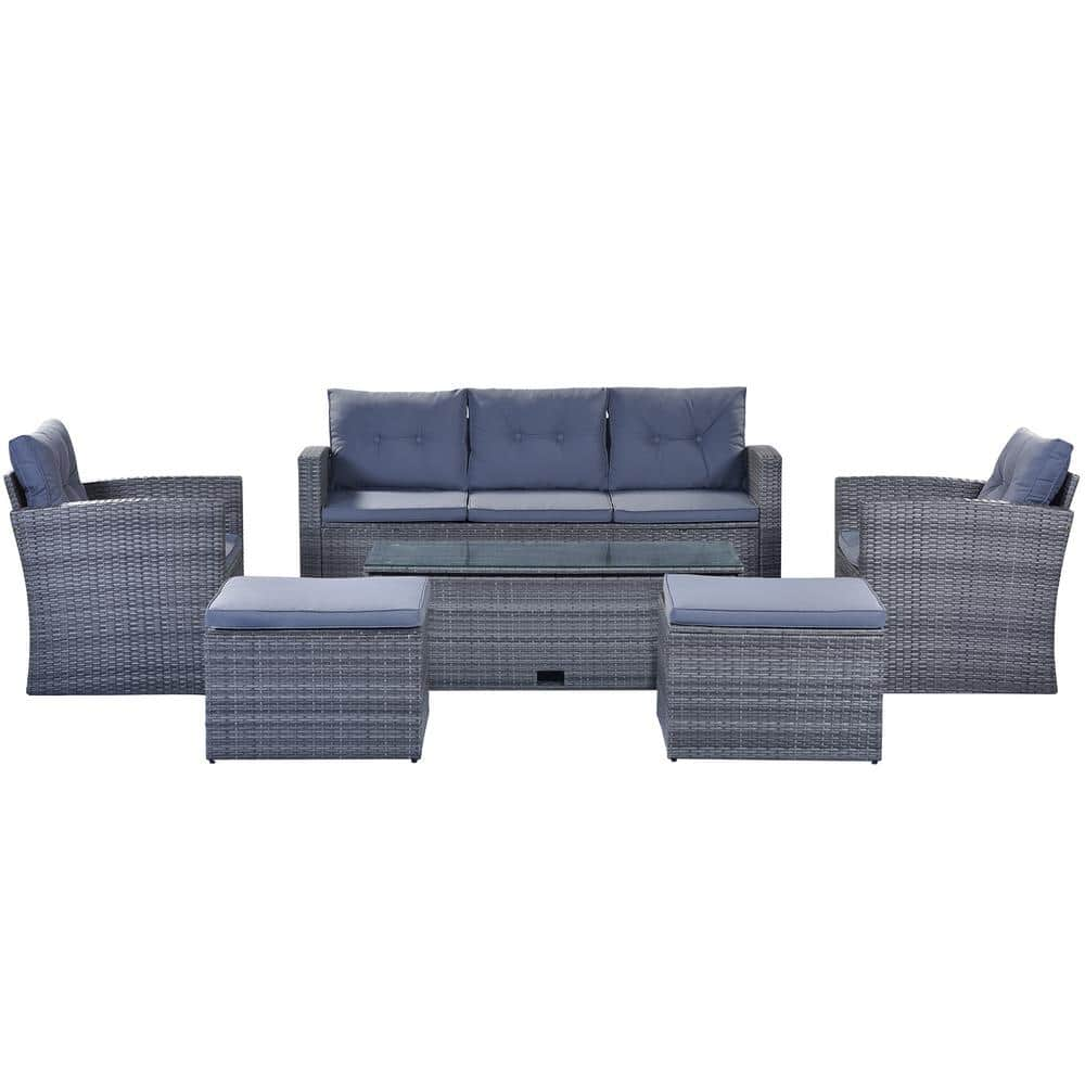 6-Piece All-Weather Dark Gray Wicker Outdoor Dining Sectional Set with Coffee Table, Ottomans, Light Gray Cushions -  Zeus & Ruta, HSC-973