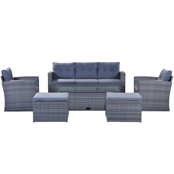 Zeus & Ruta 6-Piece All-Weather Dark Gray Wicker Outdoor Dining Sectional Set with Coffee Table, Ottomans, Light Gray Cushions