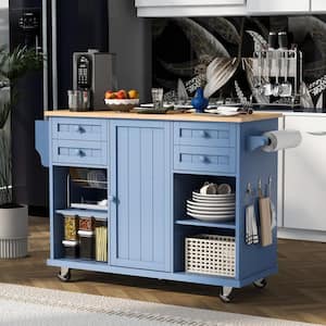 Blue Rubber Wood Desktop Kitchen Island Cart with Spice Rack Towel Rack and Drawer