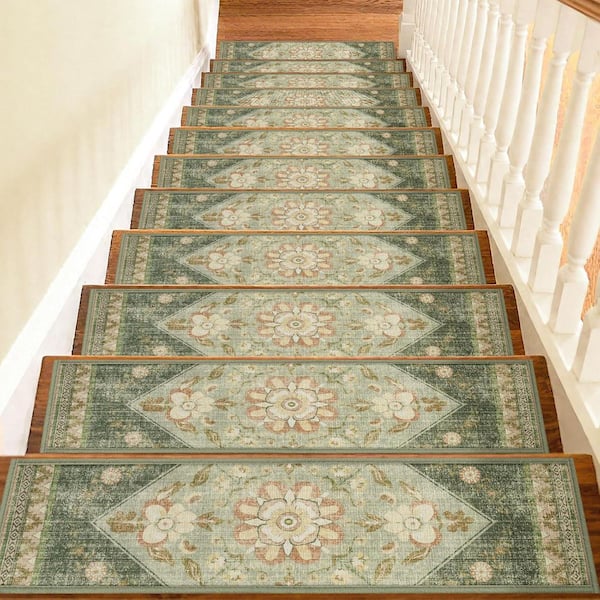 Sage Green 8 in. x 30 in. Polyester Boho Stair Tread Cover Non Slip Machine Washable (Set of 15)