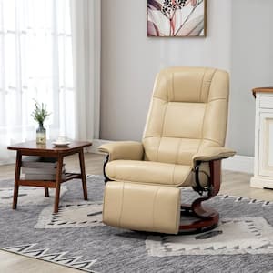 White Faux Leather Adjustable Swivel Lounge Chair Set of 1 with Footrest Armrest and Wrapped Wood Base for Living Room