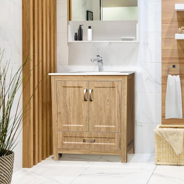 30 in. Livorno Vanity with White Ceramic Vanity Top in Woodgrain Finish