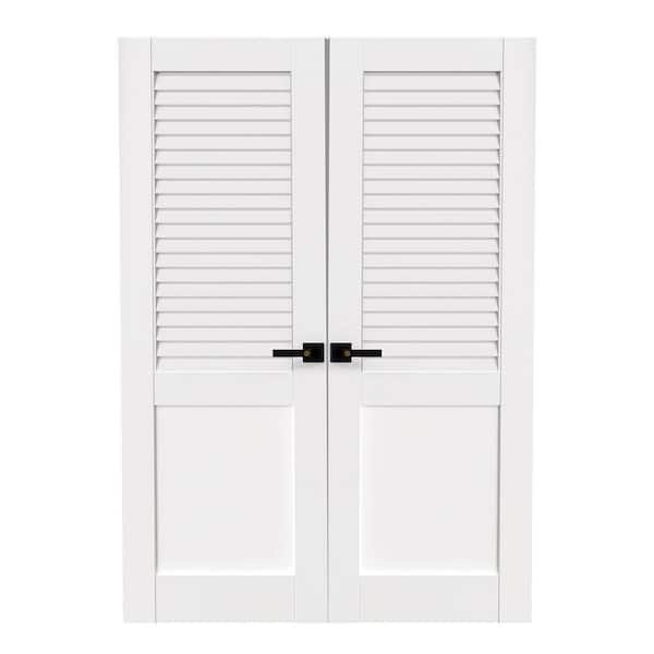 56 in. x 80 in. Half Louvered Panel, Composite, MDF, White Primed Interior Door Slab With Black Lever Handle