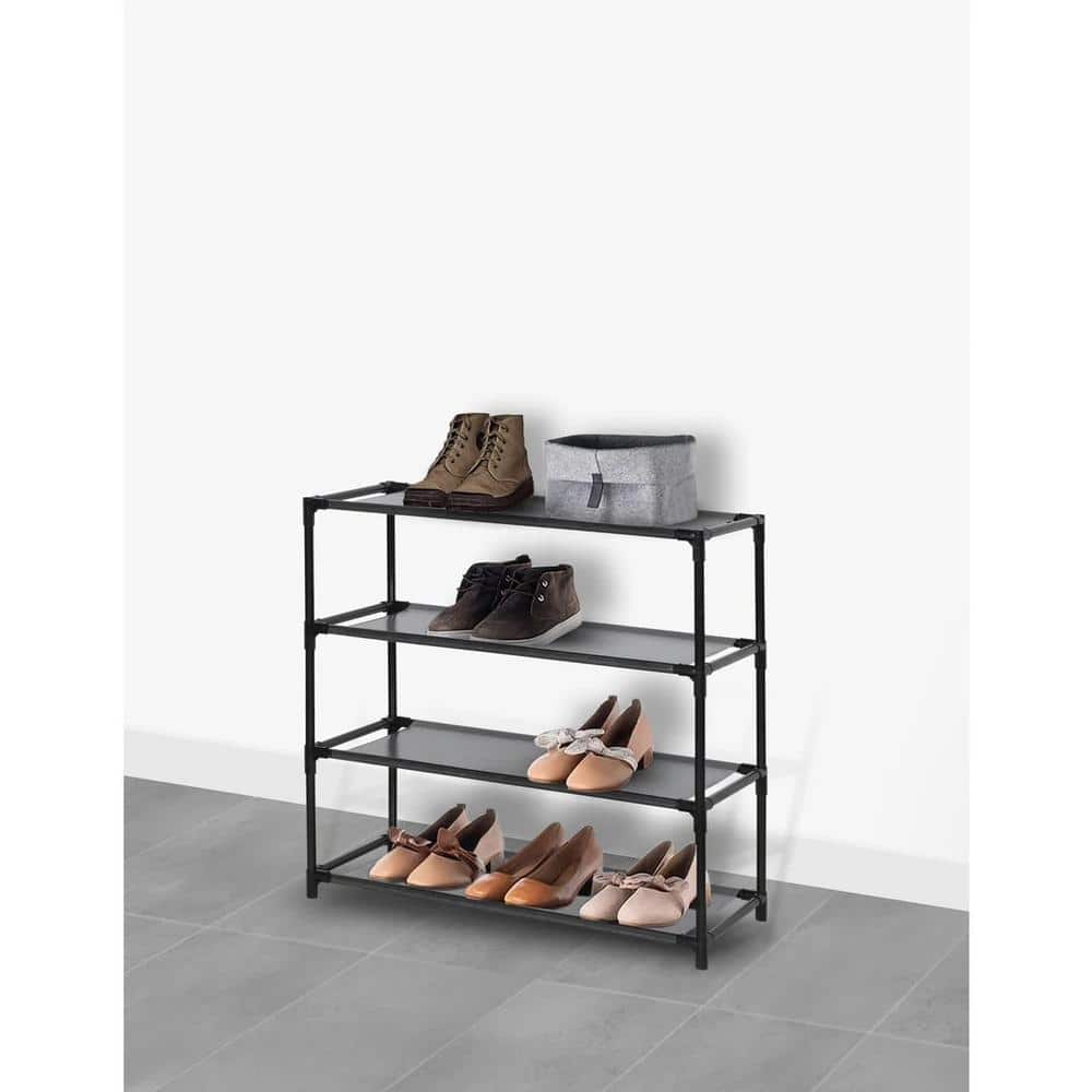Black 4-Tier Metal and Fabric Stackable Shoe Rack