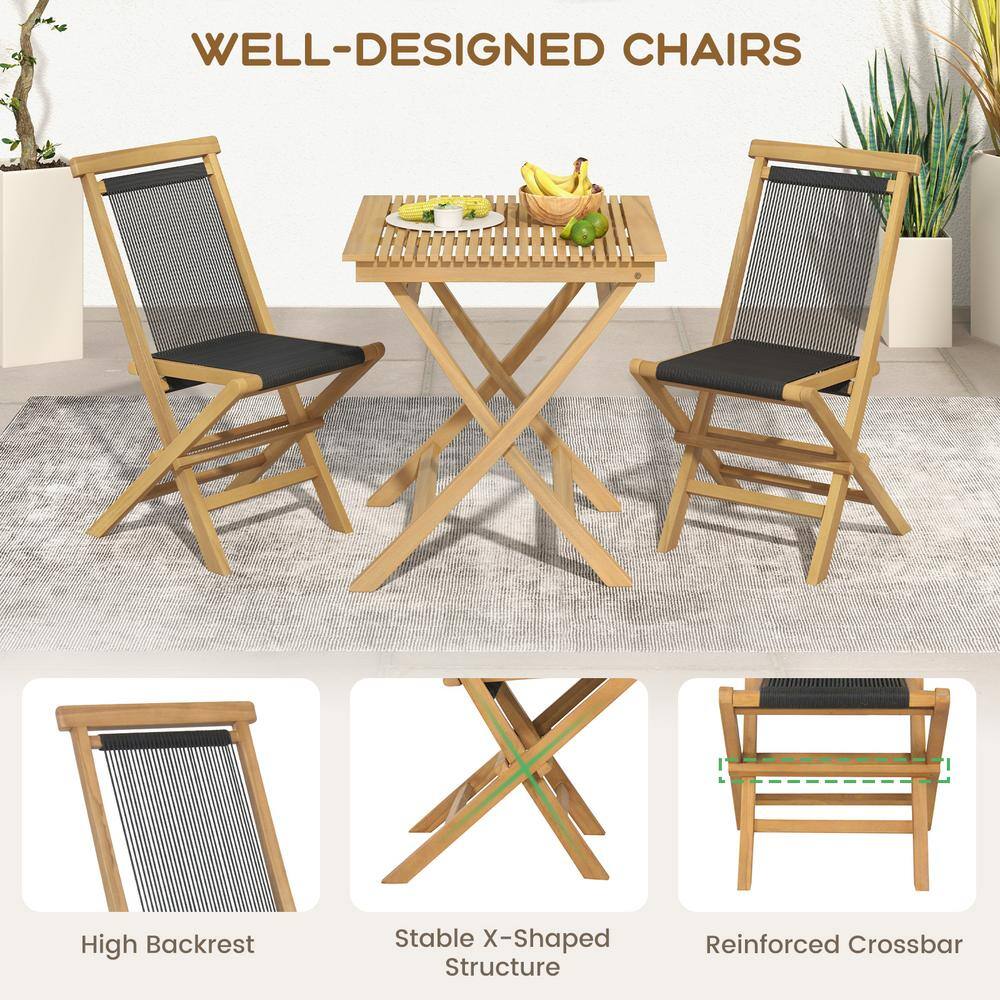 Natural Teak and Black Woven Rope Folding Patio Chairs, Set of 2