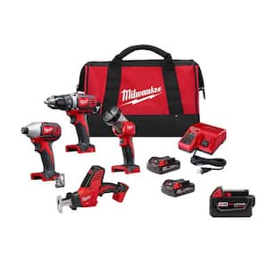 M18 18V Lithium-Ion Cordless Combo Kit 4-Tool with (3) Batteries, Charger and Tool Bag