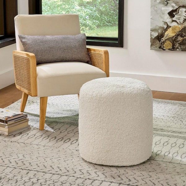 Hand Woven Ivory Boucle Round Pouf Ottoman