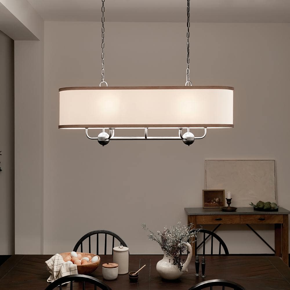 Anvil Iron and Beech Wood 8-Light Linear Chandelier with White Fabric Shade
