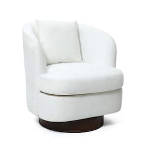 Upholstered White Club Swivel Chair with Dark Brown Base