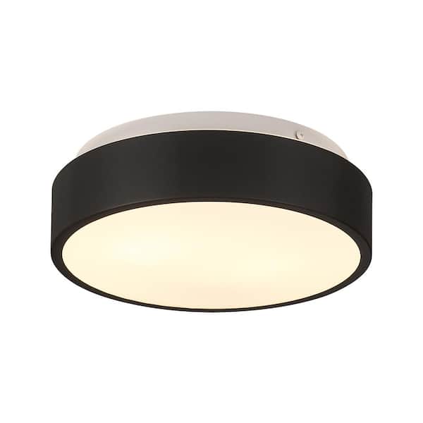 JAZAVA 11.8 in. 2-Light Black Flush Mount Ceiling Light With Frosted Glass