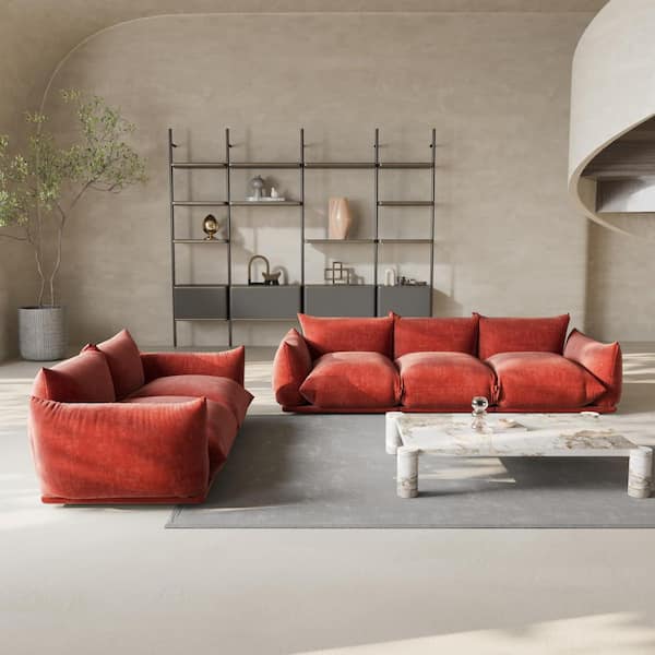 Magic Home Set of 2 5-Piece Modern 104 in. Flared Arm Chenille 3-Seater Modular Convertible Sectional Sofa with Loveseat in Orange