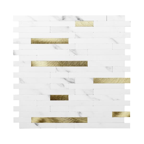 Peel and Stick White and Gold Mosaic Backsplash Tile 11.7 in. x 11.5 in. Vinyl Wall Tile (10-Pack, Cover 9.3 sq.ft.)