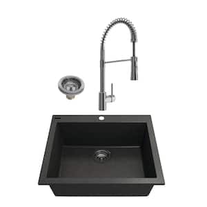 Campino Uno Metallic Black Granite Composite 24 in. Single Bowl Drop-In/Undermount Kitchen Sink withFaucet
