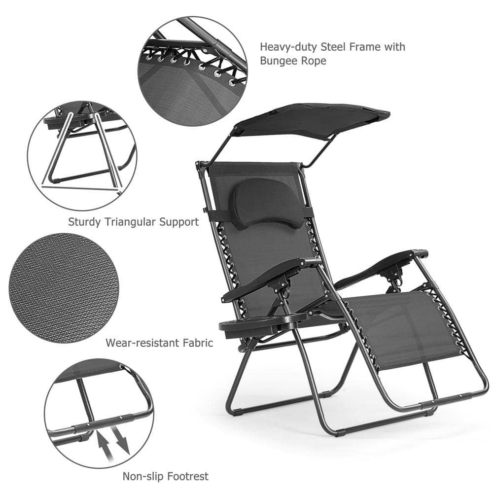 Black Steel Folding Chaise Lounge Chair with Adjustable Sun Shade Canopy