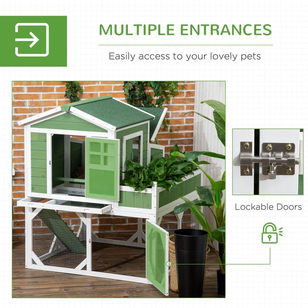 Green and White Wooden Chicken Coop with Planter Box