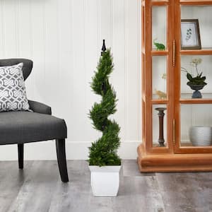4 ft. Cypress Spiral Topiary Artificial Tree in White Metal Planter