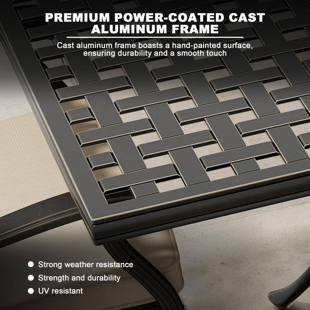 9-Piece Black Cast Aluminum Rectangular Outdoor Dining Set with Beige Cushions