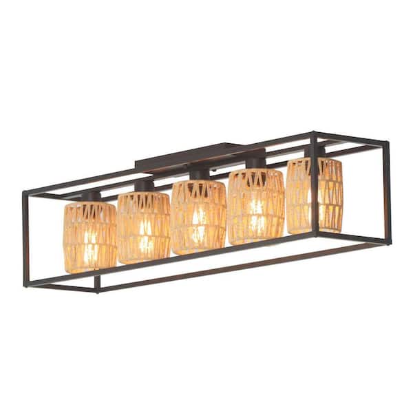 38 in. 5-Light Black Farmhouse Cage Metal Semi-Flush Mount with Woven Paper Rope Shade