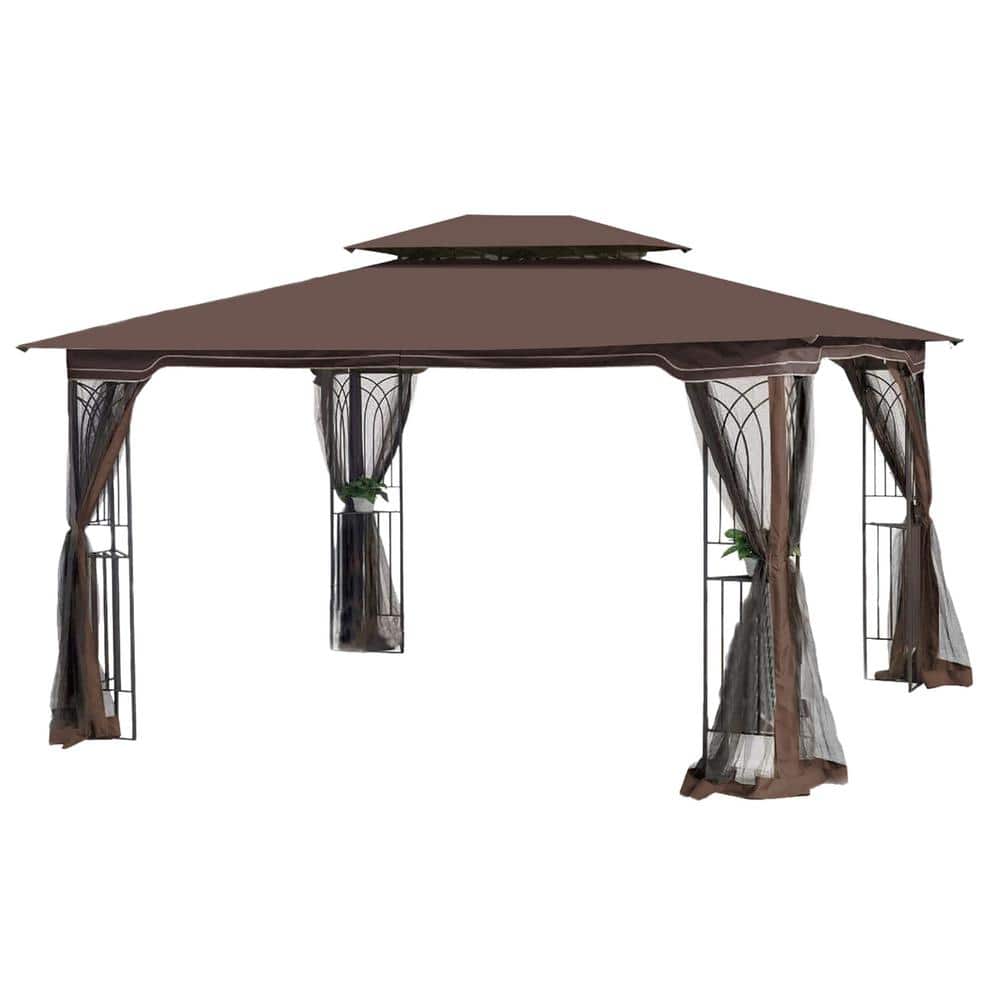 10 ft. x 13 ft. Brown Outdoor Patio Gazebo With Ventilated Double Roof and 