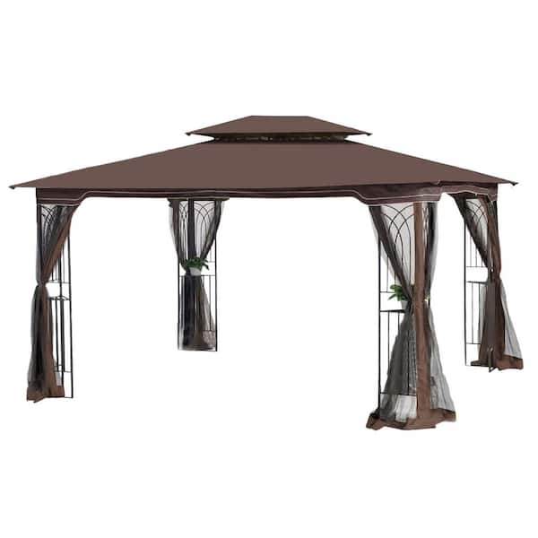 Unbranded 10 ft. x 13 ft. Brown Outdoor Patio Gazebo With Ventilated Double Roof and Detachable Mesh Screen On All Sides