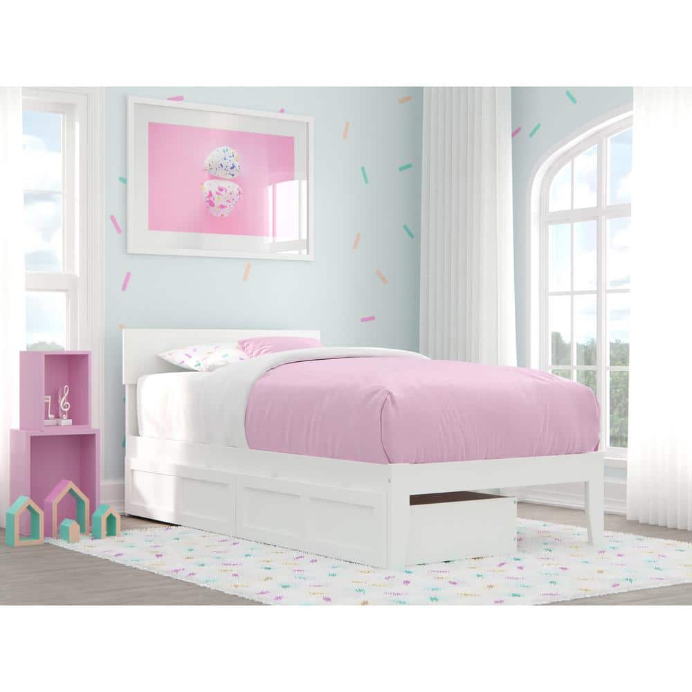 White Twin Wood Platform Bed with Storage Drawers and Upholstered Headboard