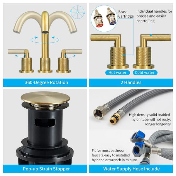 Brushed Brass Bathroom Faucet 3 Hole with Pop Up Drain (with Over Flow) and  Supply Hose, Stainless Steel 8 in Widespread Gold Bathroom Sink Faucet