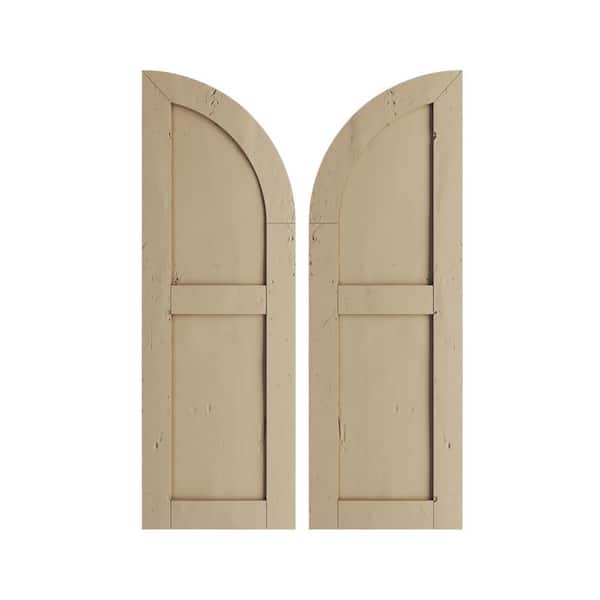 Ekena Millwork 18 in. x 66 in. Polyurethane Knotty Pine 2-Equal Flat Panel W/Quarter Round Arch Top Faux Wood Shutters Primed Tan
