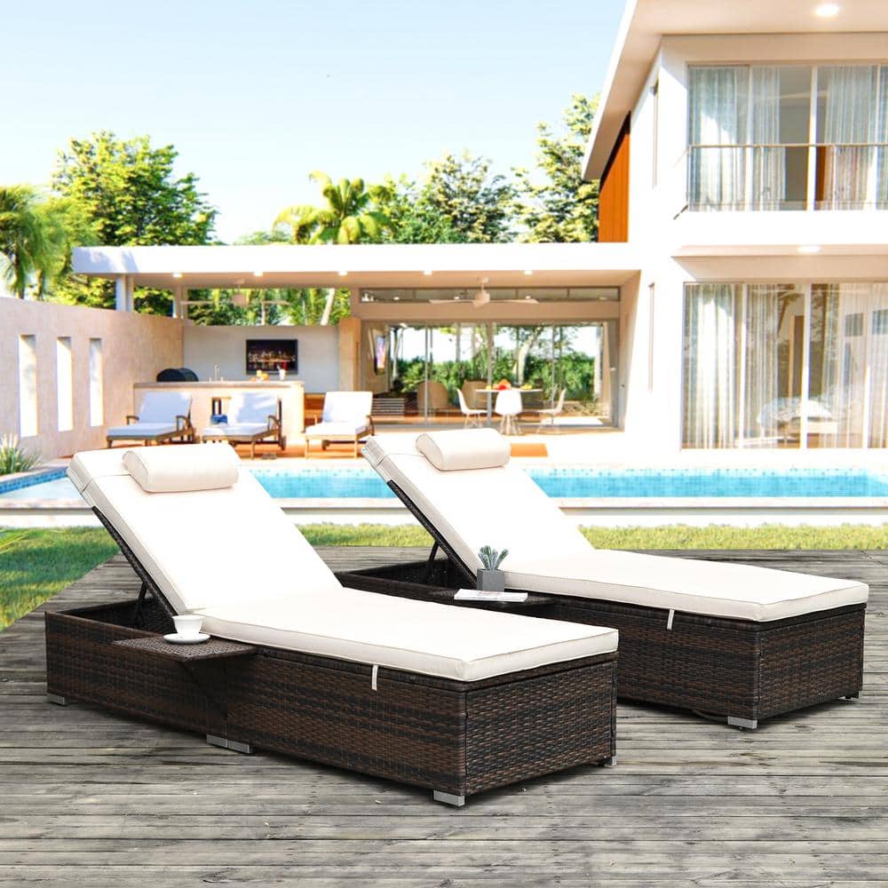 Outdoor Adjustable PE Rattan Lounge Chair with Cushion, Chair Set of 2 for 