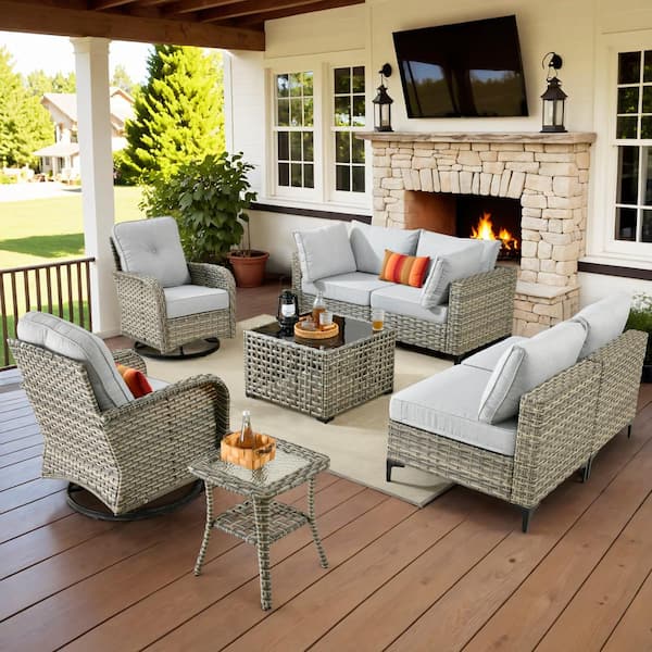 HOOOWOOO Holston 8-Piece Wicker Modern Outdoor Patio Conversation Sofa Sectional Set with Swivel Chairs and Light Grey Cushions