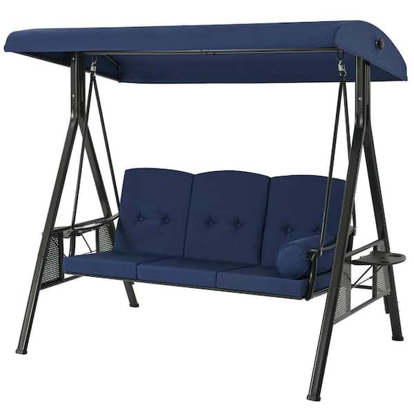 AECOJOY 3-Person Metal Outdoor Patio Swing Chair in Navy with Canopy and Cushions