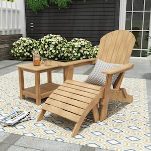 Vineyard Teak Plastic Outdoor Patio Folding Adirondack Chair and Ottoman with Side Table 3-Piece Set