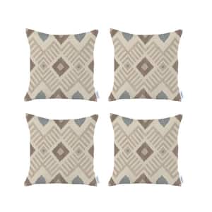 Ikat (Set of 4) Tortilla Brown and Beige Square 18 in. x 18 in. Boho Throw Pillow Covers