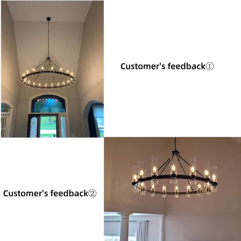 60-Inch Black Metal Wagon Wheel Chandelier with Clear Glass Shades