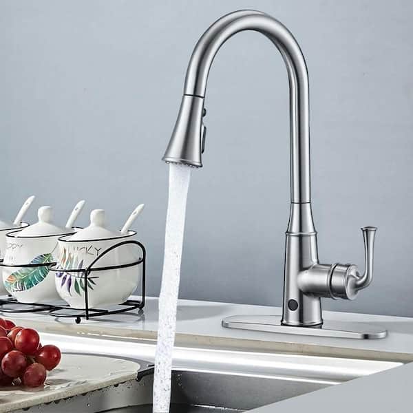 UPIKER Single Handle Touchless Pull Down Sprayer Kitchen Faucet with Deckplate Included and Motion Sensor in Brushed Nickel